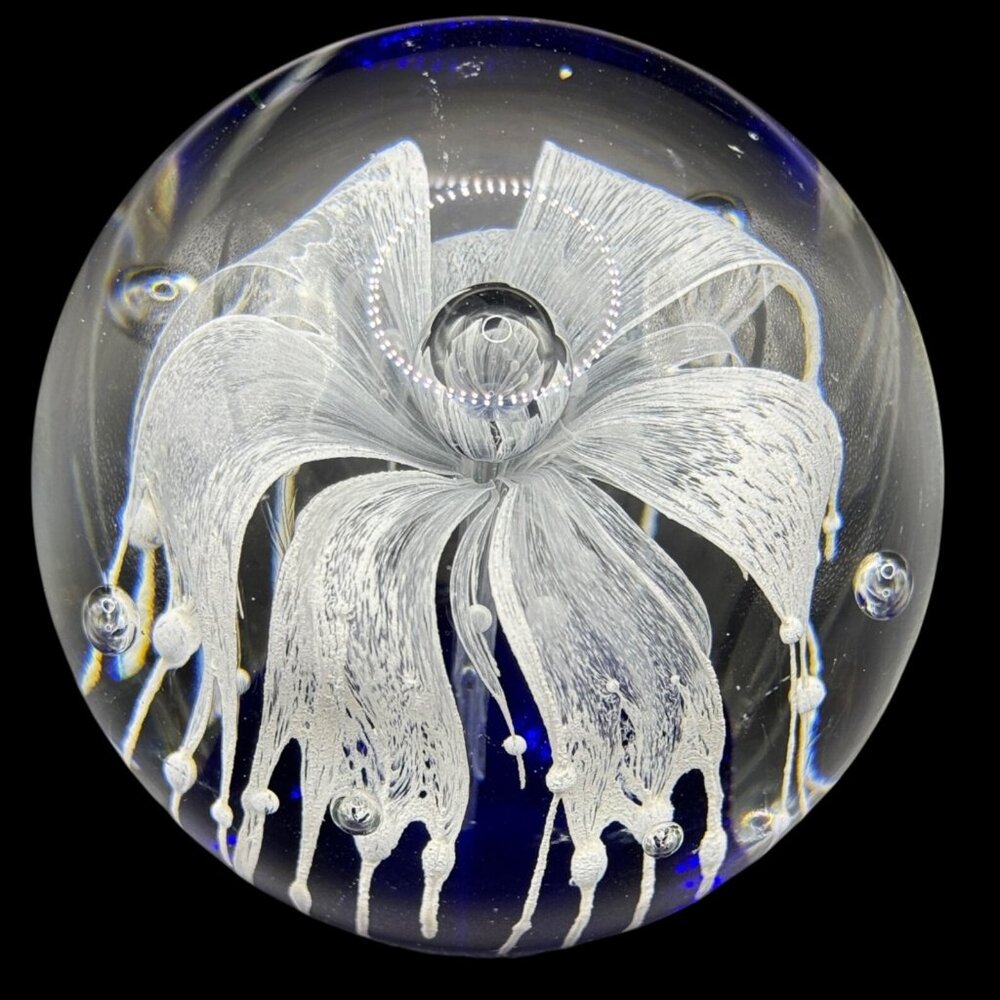 Art Glass Cobalt Blue Clear Paperweight White Flower Controlled Bubbles